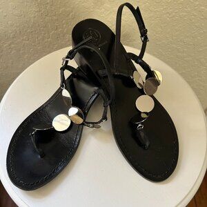 Tory Burch Black Silver Disc Heeled Leather Sandals